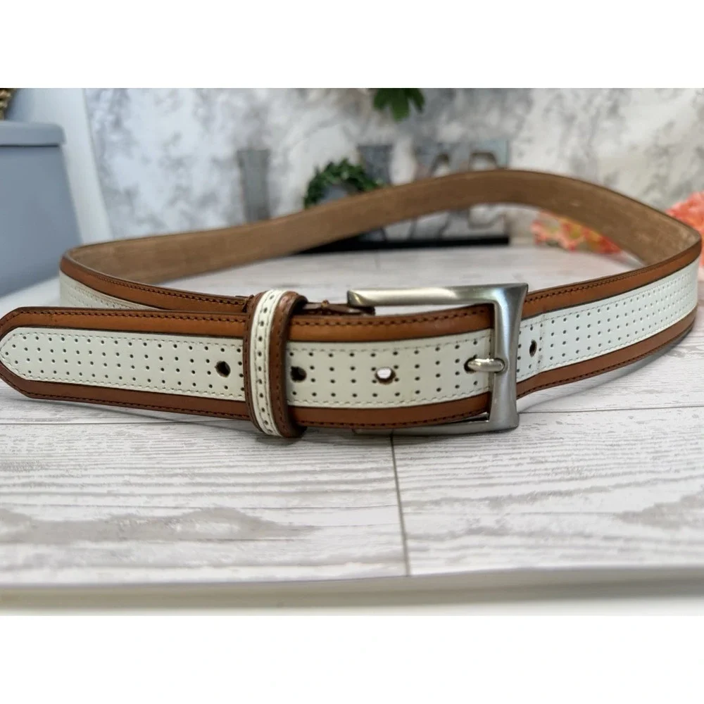 Vintage Brown and Ivory Perforated Leather Belt Men 45